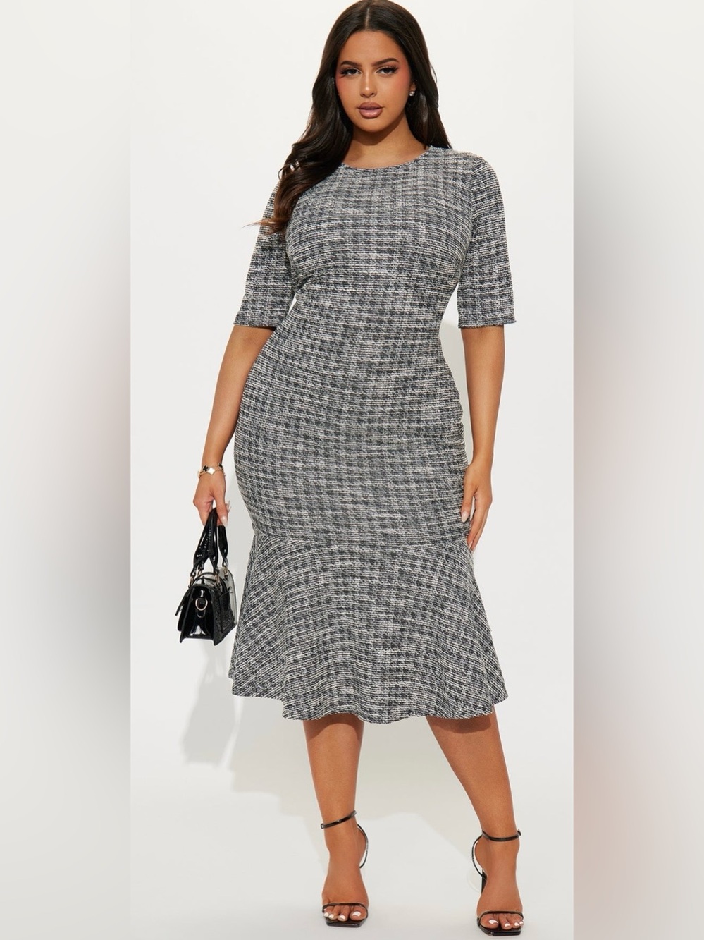 Fashion Nova Cara Stretch Tweed Midi Dress Black White Gray Mermaid Women XL